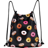 Gymtas voor meisjes en jongens, sporttas met trekkoordsluiting, tas voor school, wandelen en sport, waterdichte schooltas, Donut Zwart