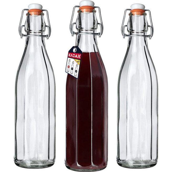 KADAX Universele fles met beugelsluiting, dichte beugelfles, vintage glazen fles, drinkfles, likeurfles, sapfles, beugelsluitfles (1000 ml, 3 stuks)