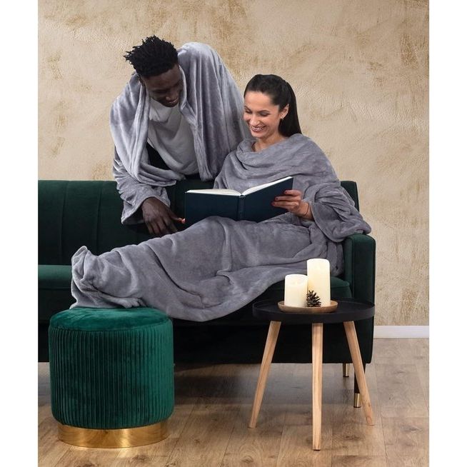 Tv-deken van microvezel, knuffeldeken met mouwen en zakken, microvezeldeken, zachte fleece deken met zakken voor voeten, dagsprei, paars, 170 x 200 cm