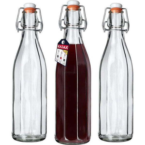 KADAX - Universele fles met beugelsluiting - dichte beugelfles, vintage glazen fles, drinkfles, likeurfles, sapfles, beugeldop - 750 ml, 3 stuks