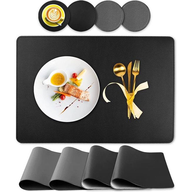 Placemats set van 4 van PU-leer, waterdicht, hittebestendig, tweekleurig, afwasbaar, 45 x 30 cm, met onderzetter, zwart