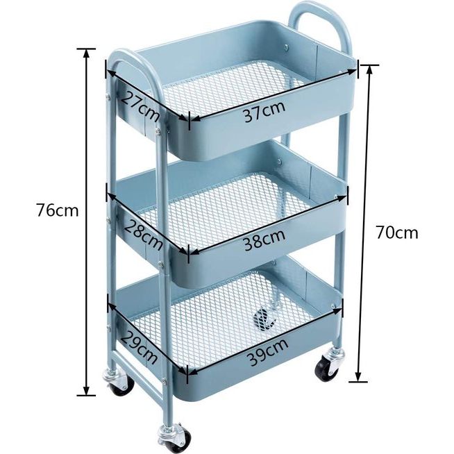 Trolley Keuken Trolley Serveerwagen Opbergwagen 3 Tier Metalen Gereedschapswagen met Wielen voor Keuken Make-up Badkamer Kantoor, Grijs Blauw