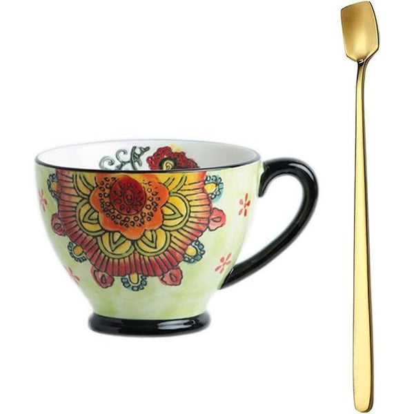 Handgeschilderde mok 350ml - Flower Art kopje koffie kopje oud ontwerp hoge kwaliteit porseleinen mok met gouden lepel (stijl 5)