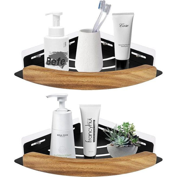 Doucherek, doucheplank zonder boringen, met walnoot, matzwart en driehoek, douchemand in walnootmazer, badkamerrek, walnoot ferrolegering, 2 stuks