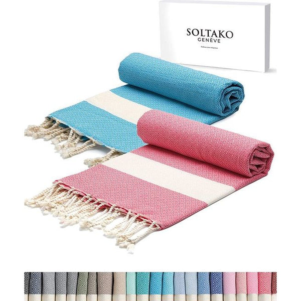 XXL 2x Fouta strandhanddoek, handdoek, saunahanddoek, badhanddoek, hamamdoek, yogadeken, pestemal, dames en heren, in koraal en aquakleuren, als cadeauset van 2, extra groot, licht, 100 x 200 cm