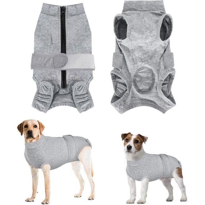 Hondenbody Naar Op, ademend, zacht eendelig voor honden, met ritssluiting en riem ter bescherming van wonden, E-kraag, alternatief voor huisdieren (grijs, S)