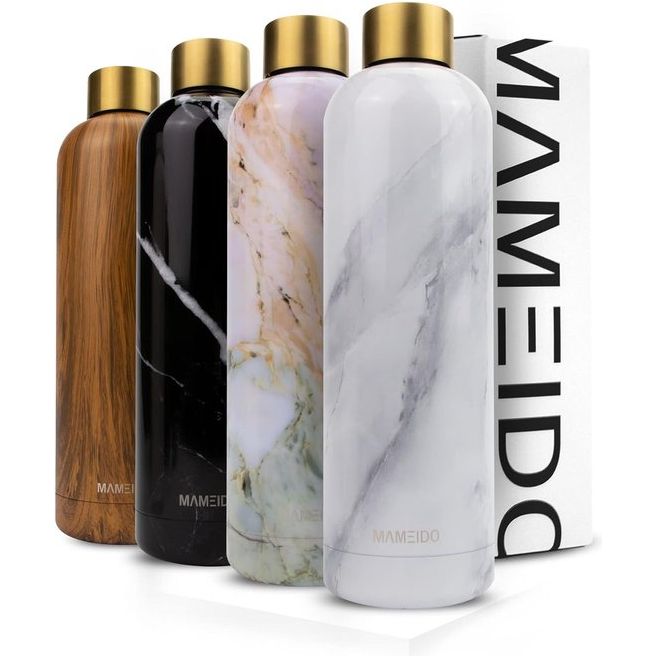 Drinkfles roestvrij staal 1l, 750ml & 500ml - lekvrije thermosfles 1l, geschikt voor koolzuur, BPA-vrij, isolatiefles 1 l, 12 uur warm & 24 uur koud (White Marble Gold, 1l)