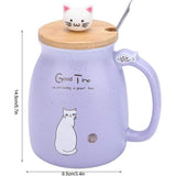 Keramische kom - 420 ml - mooie kat, met lepel en houten deksel - koffie, water, melk, beker om te drinken - Lila