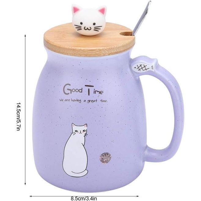 Keramische kom - 420 ml - mooie kat, met lepel en houten deksel - koffie, water, melk, beker om te drinken - Lila