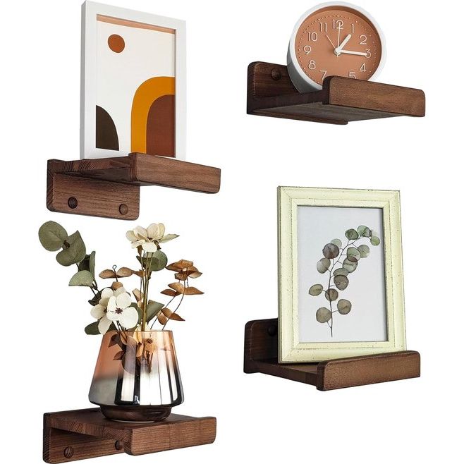 Set van 4 zwevende wandplanken, rustieke houten rekken met lip, kinderboekenplanken, foto- en fotorek voor slaapkamer, woonkamer, badkamer, keuken, kantoor (Americaanse walnoot, 13 cm)