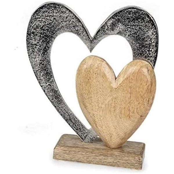 Decoratief figuur hard hard 26 cm, massief mango hout naturel bruin metaal aluminium zilver, decoratief hard display hard decoratie om neer te zetten