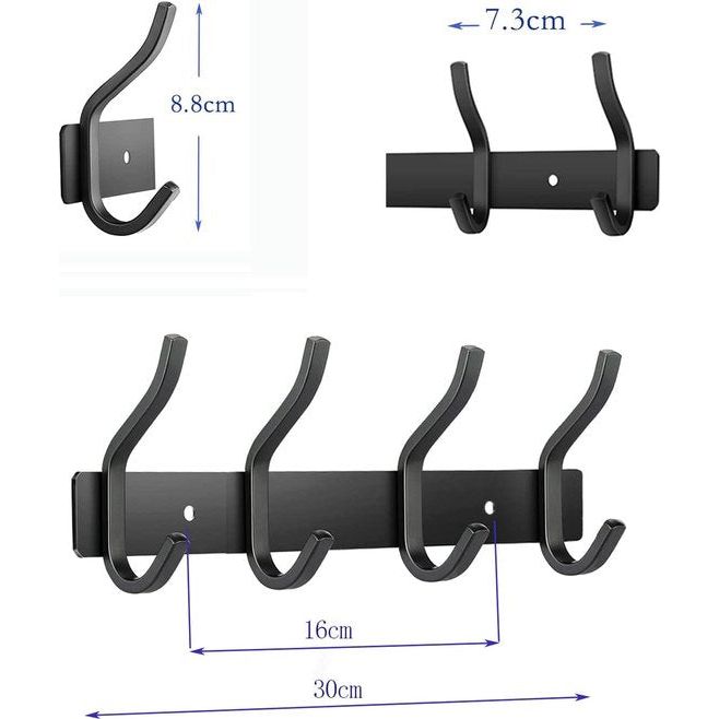 Kledingkasthaken, Zwart, roestvrij staal, haaklijst, kledinghaken, muur met 4 haken, garderobelijst, wandkast voor slaapkamer, badkamer, keuken (4 haken, Zwart)