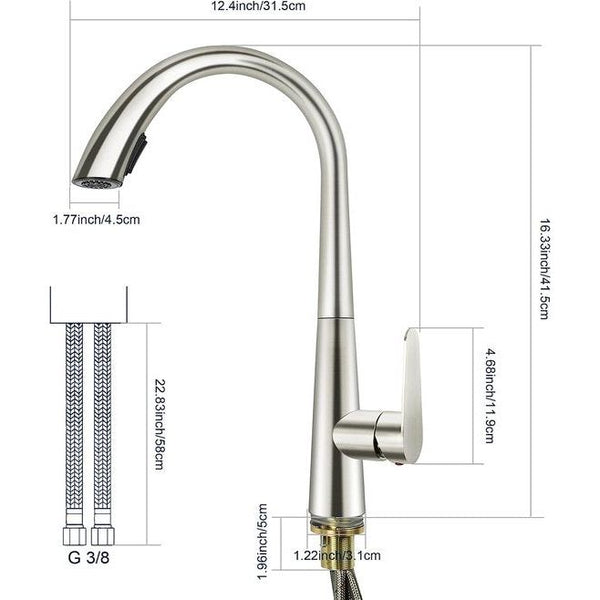 keuken, keukenkraan, mengkraan, hoge druk, uittrekbaar, 360° draaibaar, eenhands-wastafelarmatuur, sproeier 2 modi met 60 cm koud warm water, aansluiting-wastafelarmatuur, geborsteld nikkel