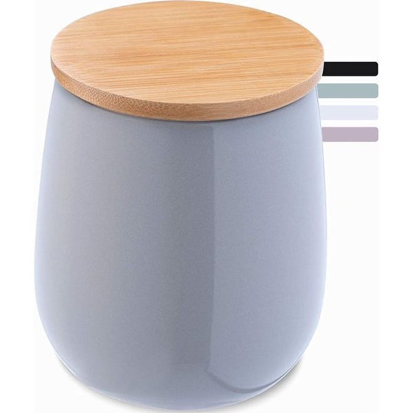 KADAX Cosmeticadoos, opbergdoos van keramiek, wattenpot met deksel van bamboe, wattenschijfhouder, voorraaddoos, wattenhouder, universele doos voor badkamer, wattenschijfjes, rond (grijs)