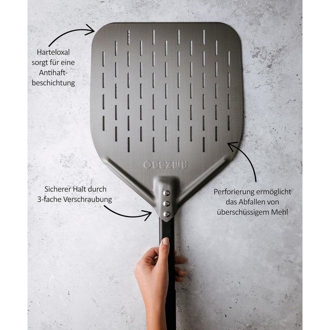 Premium pizzaschep - 35 x 35 x 71 cm geperforeerde pizzaschep van hard geanodiseerd aluminium voor gemakkelijk glijden op pizzasteen