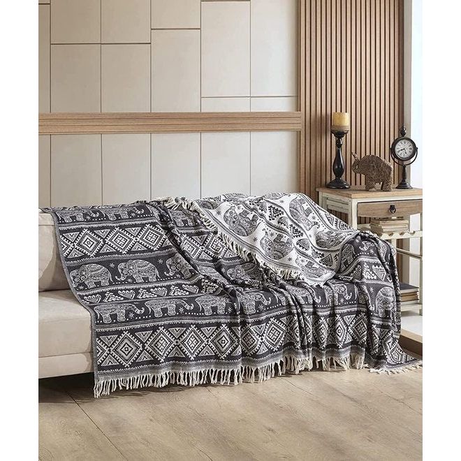 Premium sprei 100% katoen, Oeko-Tex®, bedsprei, woondeken, omkeerbare deken, sofadeken met patroon, extra groot 220 x 240 cm (olifant)