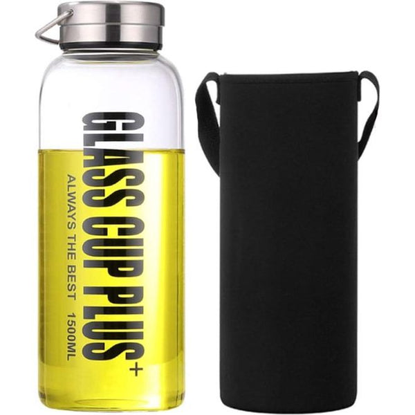 Sportdrinkfles, borosilicaatdrinkfles, draagbare glazen waterfles voor koude warme dranken, met roestvrijstalen deksel, 1500 ml / 1,5 l