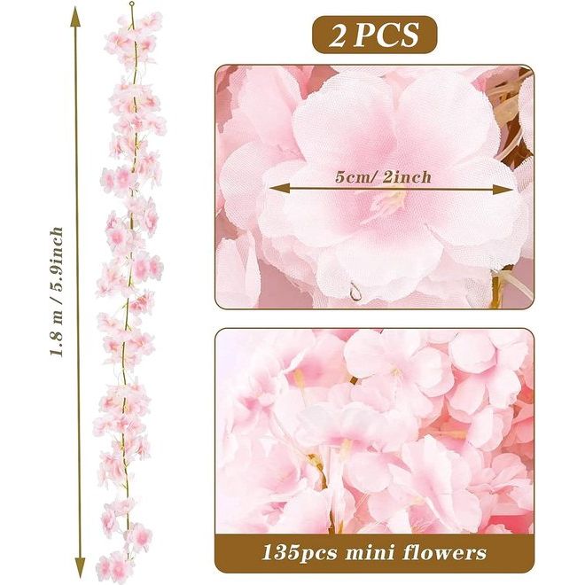 Bloemenslinger, 2 stuks, namaakkersenbloesem, bloemen, zijde, kersenbloesem, sakura, kersenbloesem, hangende wijnslinger, voor decoratie, Kerstmis, bruiloft, tuinfeest, roze