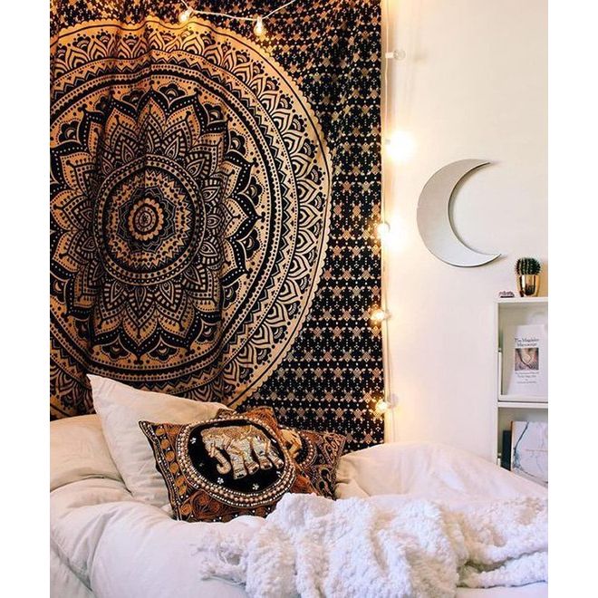 Wandtapijt mandala, boho wanddecoratie, zwart goud esthetische kamer decoratie, wanddoek psychedelisch wandkleed 132x152 cm