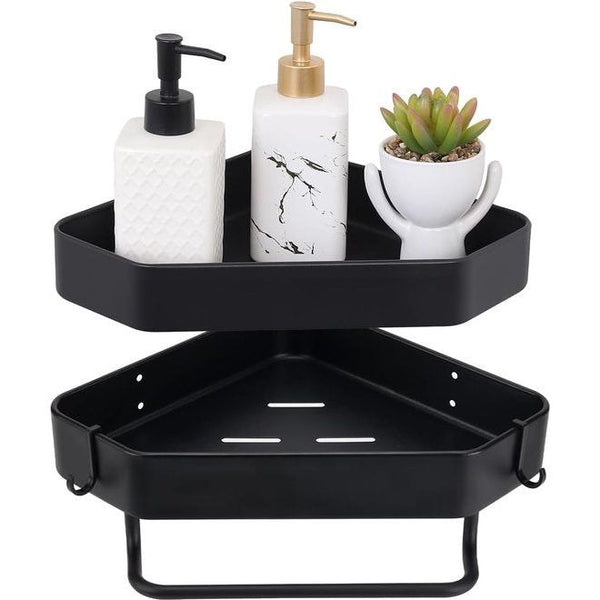 Doucheplank zonder boren mat afwerking doucherek hoek badkamer rek roestvrij staal 2 stuks, douchemand met vier haken met handdoekhouder, shampoohouder voor douche, badkamerorganizer, zwart