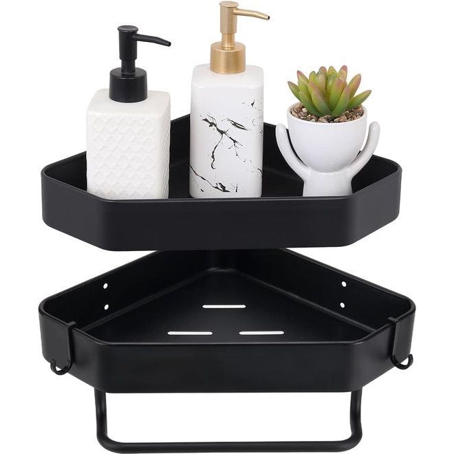 Doucheplank zonder boren mat afwerking doucherek hoek badkamer rek roestvrij staal 2 stuks, douchemand met vier haken met handdoekhouder, shampoohouder voor douche, badkamerorganizer, zwart