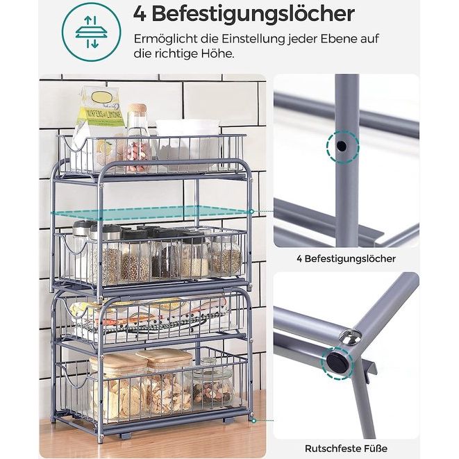 Keukenorganiser, 2 uittrekbare laden voor kasten, stapelbare lade-organiser, voor keuken, badkamer, zilver KCS017E01