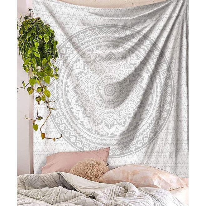 Wandtapijt mandala, boho wanddecoratie, wit zilver, esthetische kamerdecoratie, psychedelisch wandtapijt, 132 x 152 cm. Wandtapijt mandala, boho wanddecoratie, wit zilver, esthetische kamerdecoratie, psychedelisch wandtapijt, 132 x 152 cm.