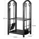 Brandhoutrek met 4 open haardgereedschappen 74 x 40 x 30 cm brandhoutstandaard voor binnen en buiten gebruik brandhouthouder houten plank voor open haard kachel bestek smeedijzer antiek zilver