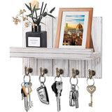 Sleutelrek met plank, houten sleutelrek, decoratieve houten wandplank, met 5 sleutelhaken, voor entree, hal, slaapkamer, woonkamer, antiek wit