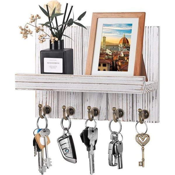 Sleutelrek met plank, houten sleutelrek, decoratieve houten wandplank, met 5 sleutelhaken, voor entree, hal, slaapkamer, woonkamer, antiek wit