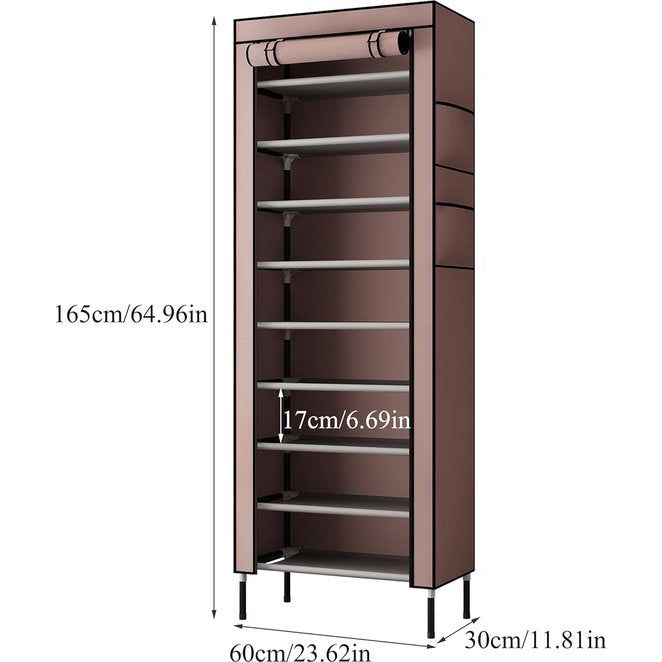 10 etages, 16 mm, extra dikke stangen, stabiele schoenenkast, organizer, standaard, 58 x 28 x 170 cm, met extra dik Oxford-weefsel, stofdichte afdekking houdt tot bruin