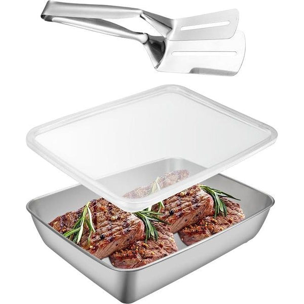Bakplaat met deksel, taartplaat, roestvrijstalen bakvorm, 25,5 x 19,8 cm, lekbak, ovenschaal, taartplaat met deksel, rechthoekig, kunststof steakklemmen, diepe ovenschaal voor taarten, brownies, lasagne