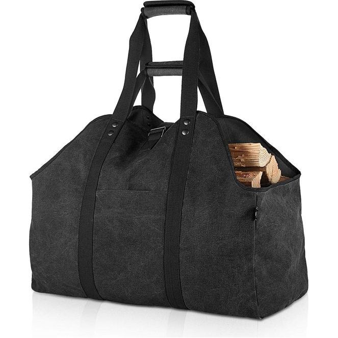 Extra grote brandhoutdrager, houten mand, brandhouttas, draagtas van zeildoek met 2 handgrepen, zwart