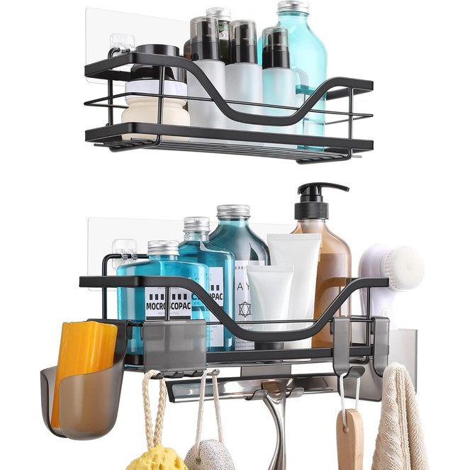 Doucheplank zonder boren, 2 stuks, zwart, van roestvrij staal, rek, zelfklevend, wandrek met 10 haken, doucheplank voor shampoohouder voor badkamer en keuken