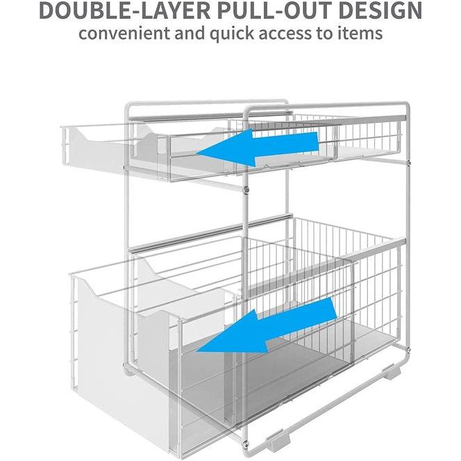 2 Tier Onder Sink Lade Organizer Schuifkast Uitschuifbare Mand Kruidenrek Snack Organizer voor Keuken Badkamer Slaapkamer Teller Pantry Kantoor Wit