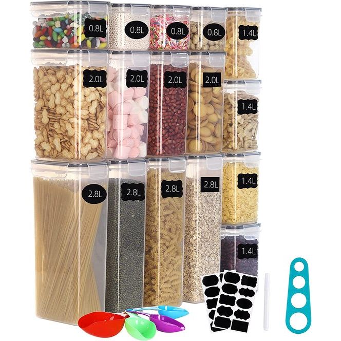 Opbergpotten Set van 16,28 L Opbergdoos Keuken Organizer BPA-vrij plastic met deksel, Keukenorganisatie Opslag Recycle Luchtdicht 2,8 L / 2 L / 1,4 L / 0,8 L (Pak van 16)