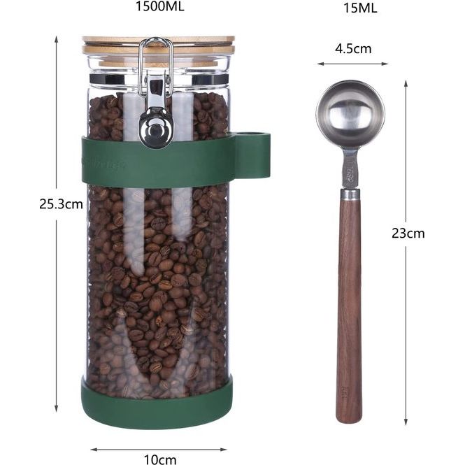 Koffieblikje, glas, luchtdicht voor 500 g koffiebonen, koffiepot, glas, aromadicht voor 500 g gemalen koffie, voorraaddoos koffie voor koffiebonen, glazen container met lepel, 1500 ml