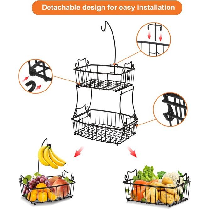 Fruitmanden 2 verdiepingen fruitmand metalen draad met bananenhouder eigentijdse fruitschalen groentemand dagelijkse keuken opslag fruitmand (zwart)