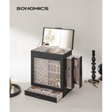 Sieradendoos Sieradendoos met 5 niveaus Glazen deksel Zijladen Verticale opbergruimte Grote spiegel Moderne sieradenopslag Grafietzwart Zilver JBC162B01