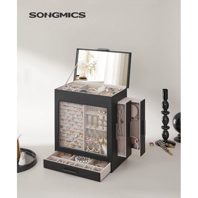 Sieradendoos Sieradendoos met 5 niveaus Glazen deksel Zijladen Verticale opbergruimte Grote spiegel Moderne sieradenopslag Grafietzwart Zilver JBC162B01