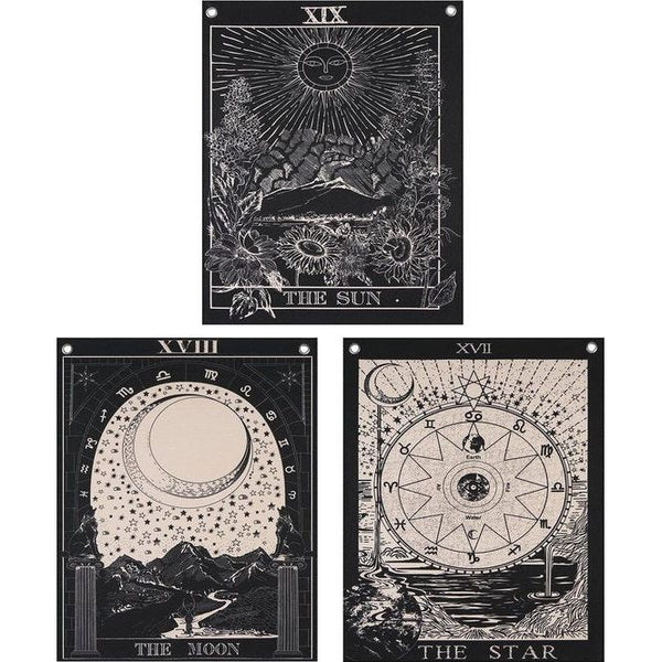 Tarot Wandtapijt, set wandtapijten, zon, maan, ster, wanddoek met nagels, katoenen linnen, natuurlijke wandbekleding, sterrenbeeld, wanddecoratie, voor woonkamer, zwart-wit, 40 x 50 cm