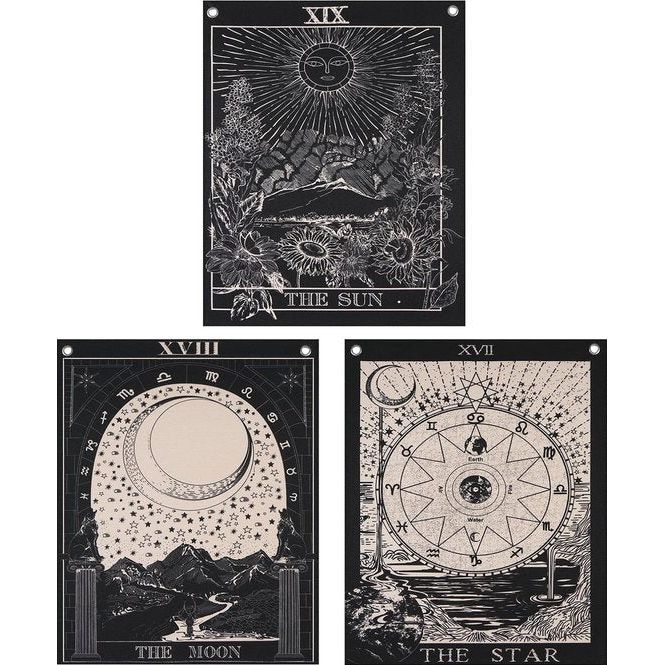Tarot Wandtapijt, set wandtapijten, zon, maan, ster, wanddoek met nagels, katoenen linnen, natuurlijke wandbekleding, sterrenbeeld, wanddecoratie, voor woonkamer, zwart-wit, 40 x 50 cm