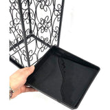 Grote zwarte metalen paraplubak, wandelstok, thuiskantoor, hal, opbergruimte, met 4 haken aan de bovenkant en een bodem die regenwater lekt, 56 x 25 x 25 cm