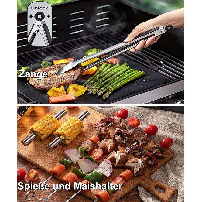 Grillbestek-set, grillaccessoires voor mannen, cadeau, roestvrij stalen grillkoffer set van 21, barbecue-accessoires met grilltang, grillspatel en grillschort, BBQ grillset, ideaal voor outdoor en