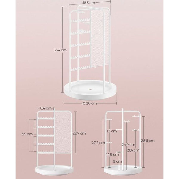 Sieradenstandaard, draaibare sieradenhouder, 4 afzonderlijke gebieden, metalen frame, sieradenopslag voor halskettingen, armbanden, oorbellen, oorstekers, ringen, cadeau-idee, wit