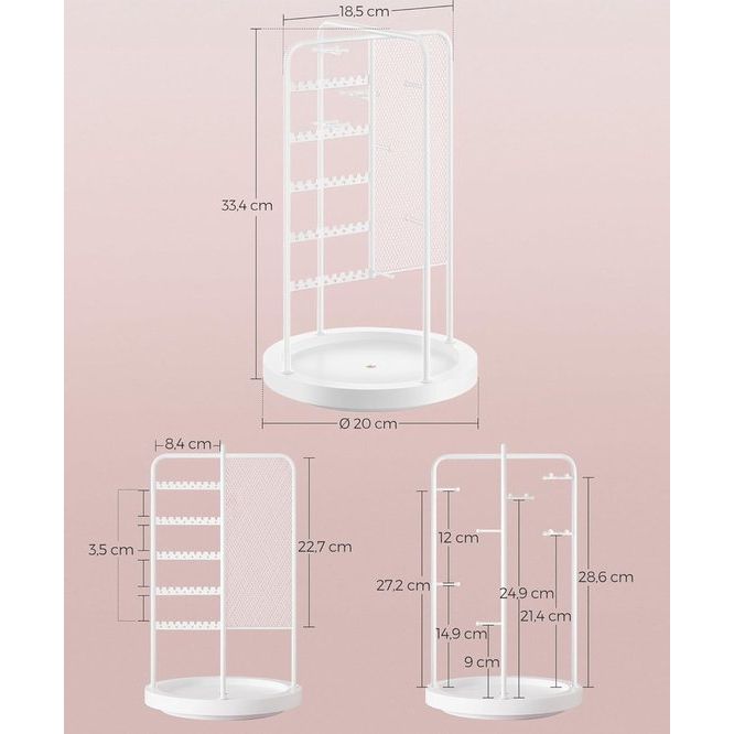 Sieradenstandaard, draaibare sieradenhouder, 4 afzonderlijke gebieden, metalen frame, sieradenopslag voor halskettingen, armbanden, oorbellen, oorstekers, ringen, cadeau-idee, wit