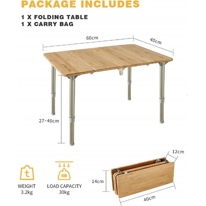 Vouwbare bamboe campingtafel, klaptafel, verstelbare hoogte aluminium frame voor outdoor camping