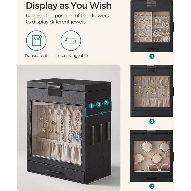 Sieradendoos Sieradendoos met 5 niveaus Glazen deksel Zijladen Verticale opbergruimte Grote spiegel Moderne sieradenopslag Grafietzwart Zilver JBC162B01