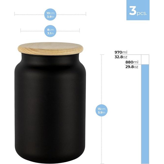 3 zwarte glazen voorraaddozen met deksel van hout, luchtdicht, 970 ml glazen containers, voorraadpotten, set thee, muesli, bewaren, koffiebonen, containers, kruidenpotjes, Eco Storage