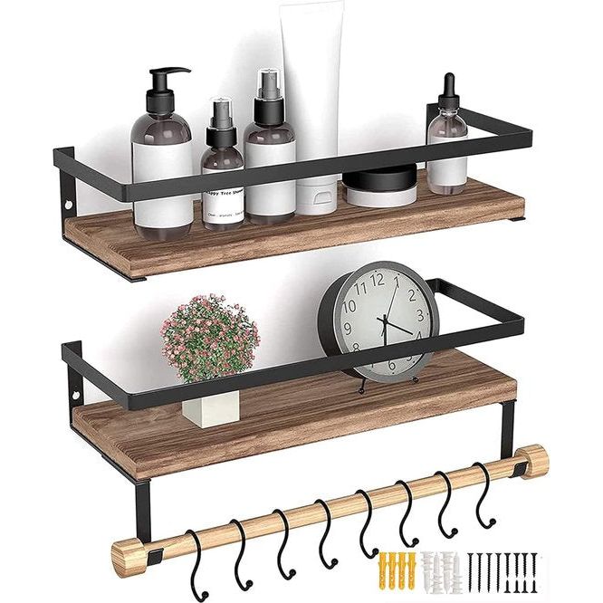 Houten wandrek, zwevend rek, 2 stuks, met handdoekhouder en 8 haken, ideaal voor keuken, woonkamer, badkamer en andere wanddecoratie